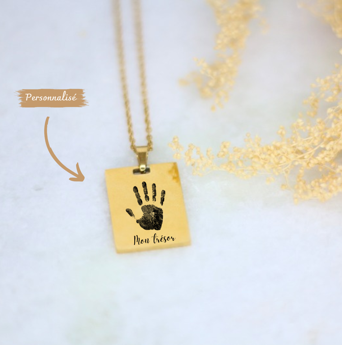 collier pendentif plaque rectangle personnalisé  Avec Photo ou un dessin, une empreinte de main ou de pied