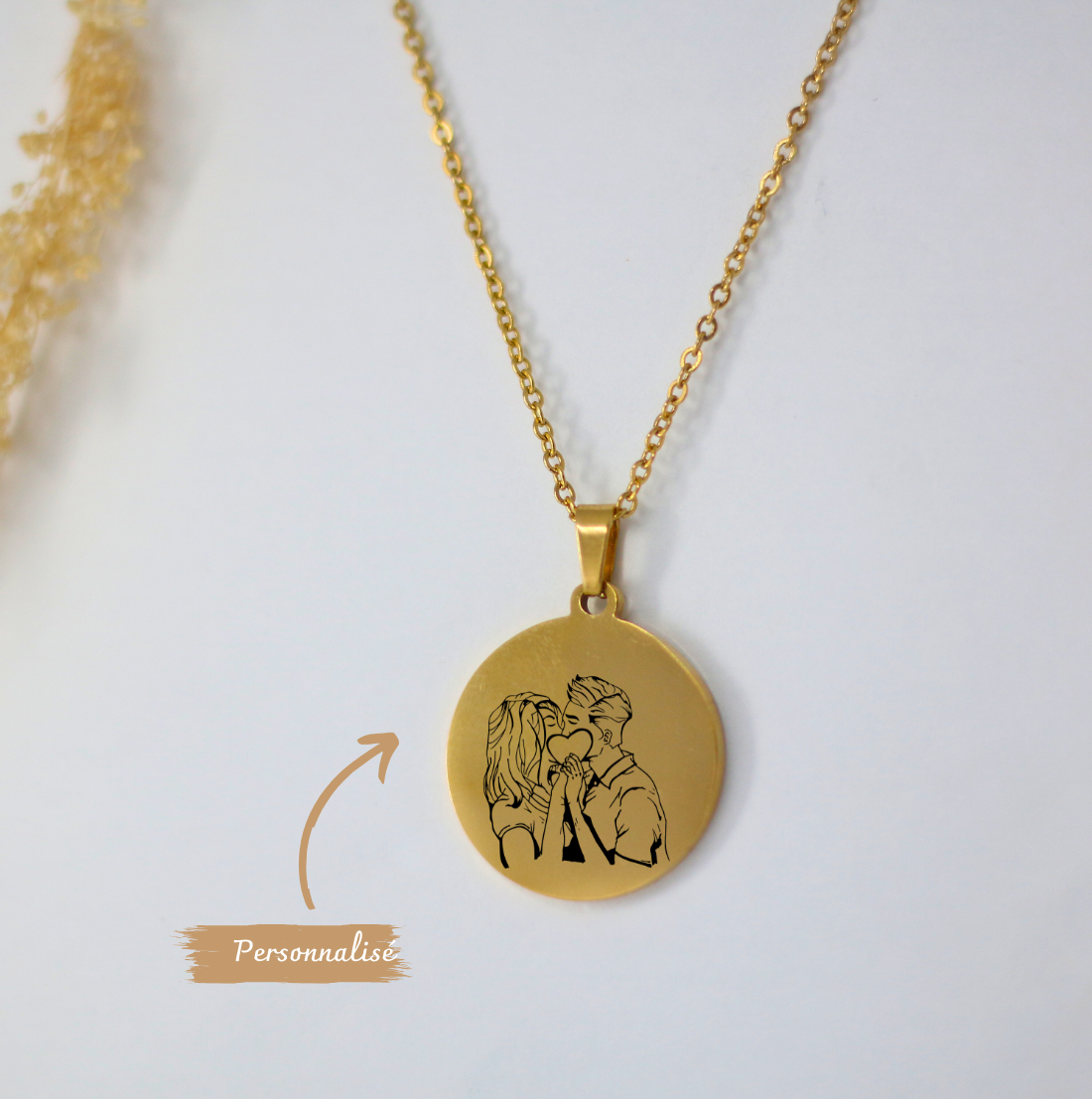 Personalized pendant engraved medal with photo or drawing, handprint or footprint