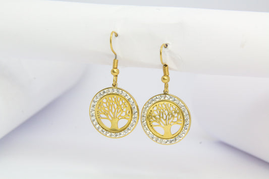 Boucles d'oreilles dorées cristaux avec pendentifs  arbre de vie en acier inoxydable